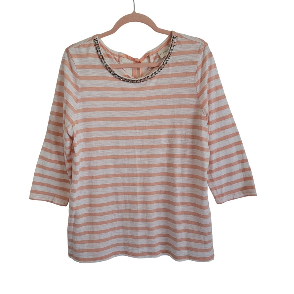 Chicos Womens 3/4 Sleeve Beaded Stripe Nautical Top Sz L Pink Tie Neck Casual - Picture 1 of 13